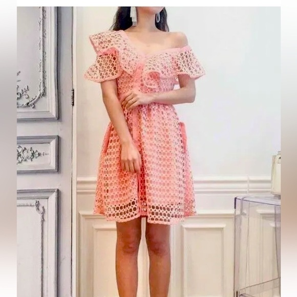 Gorgeous pink crochet lace designer one shoulder mini dress. Very high quality - Picture 11 of 16